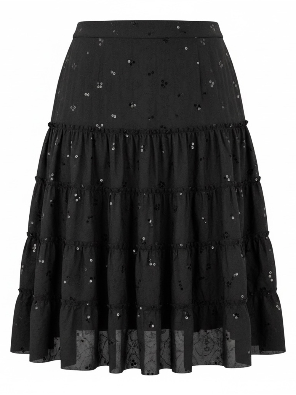 Black Sequin Tiered Midi Skirt